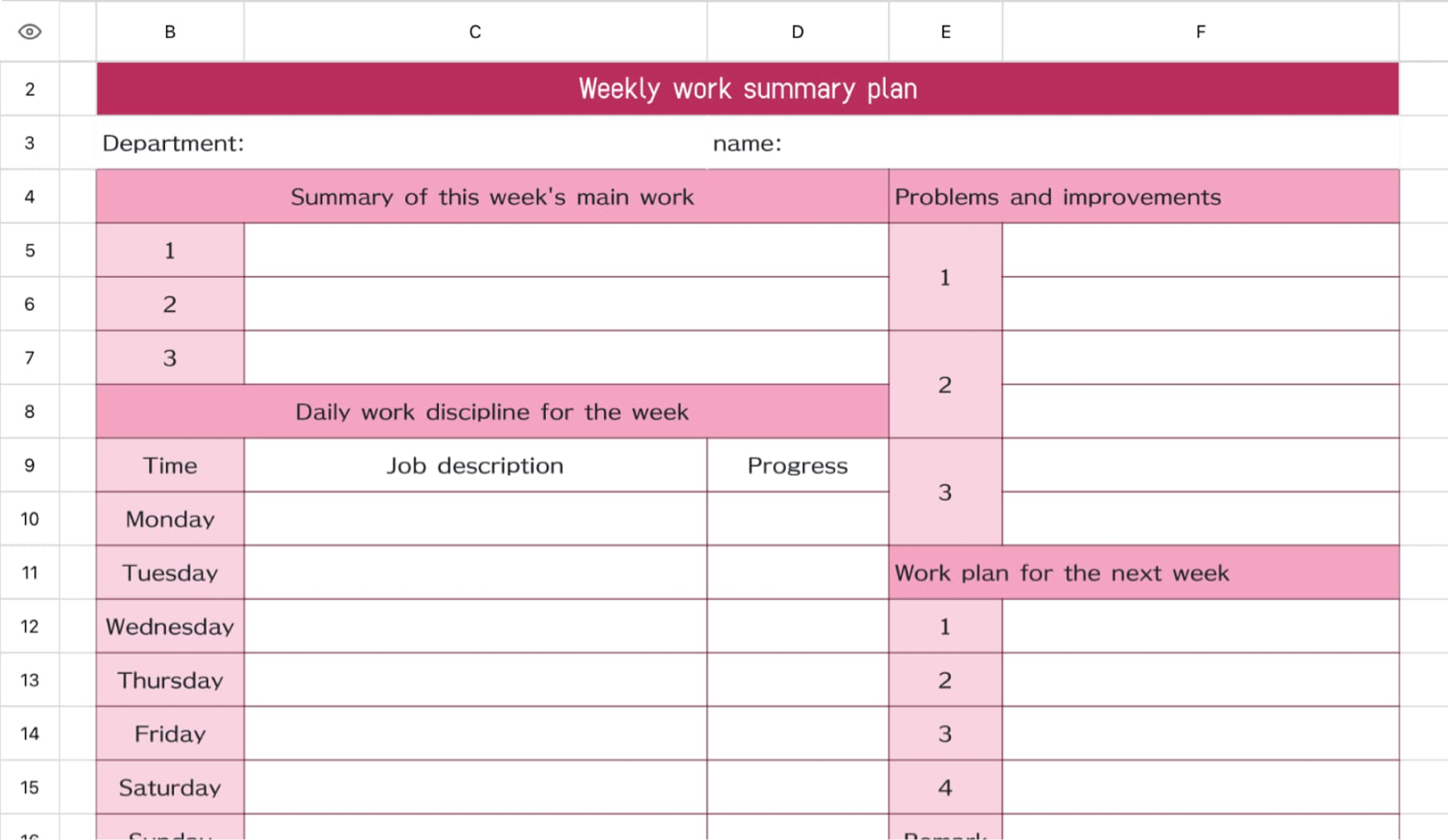 Weekly work summary plan